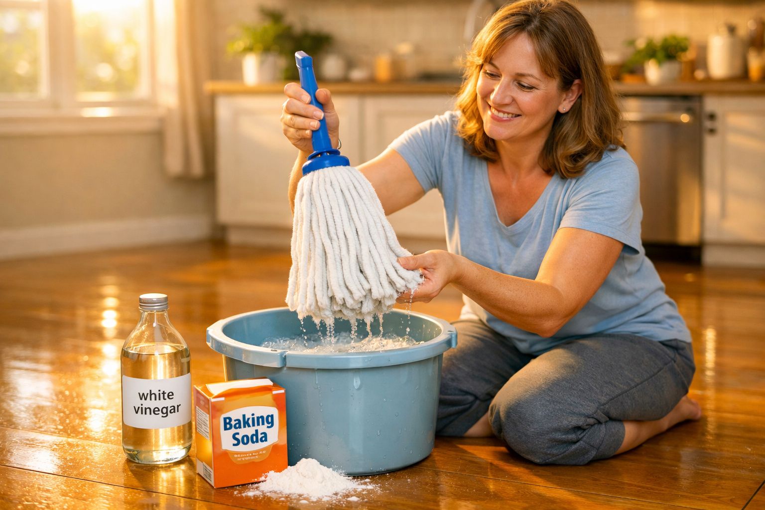 Mulher a espremender esfregona molhada numa bacia, com vinagre branco e bicarbonato de sódio ao lado.