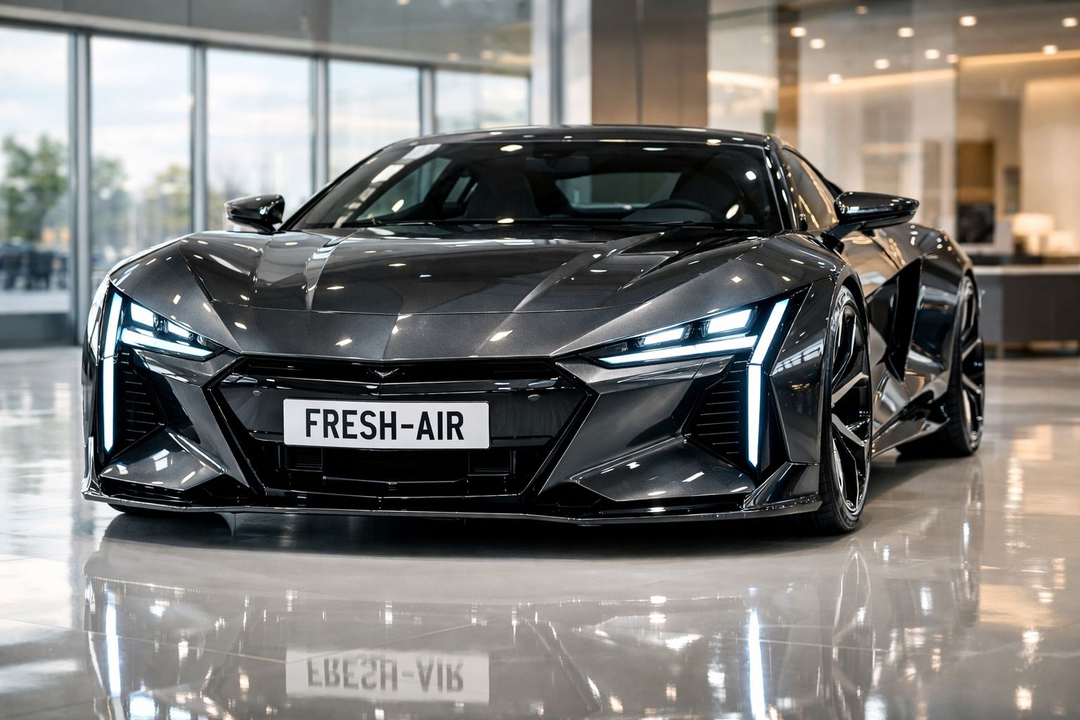 Carro desportivo preto com luzes LED acesas, em exposição num espaço interior moderno.