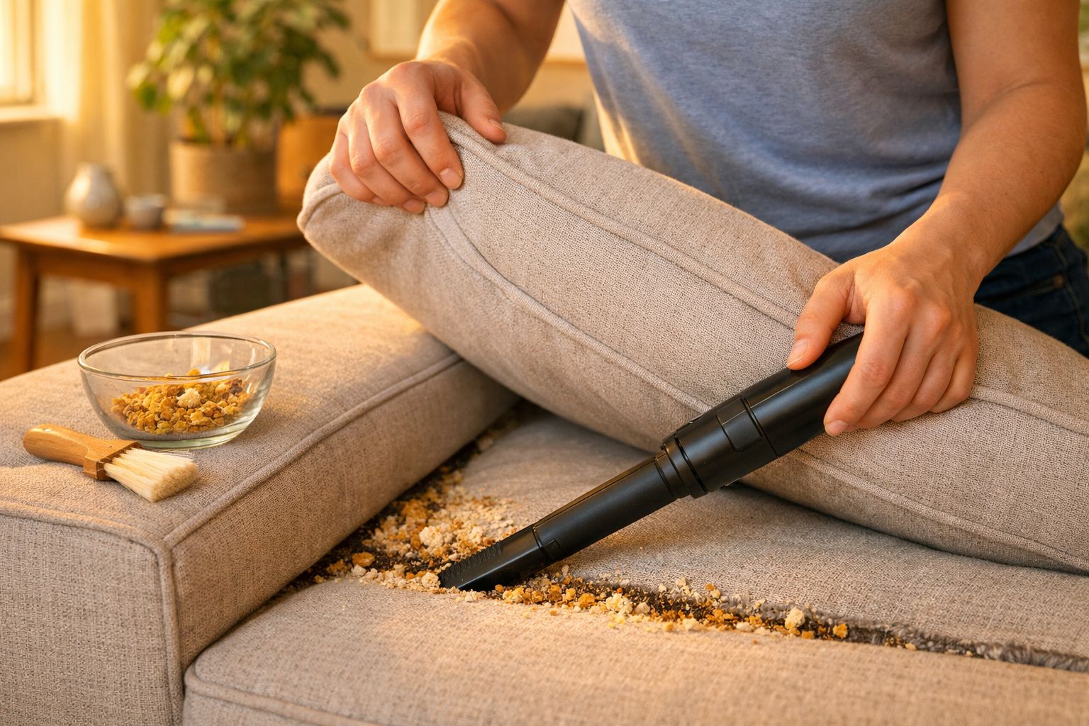 Pessoa aspirando migalhas entre as almofadas de um sofá bege com escova e vasilha ao lado.