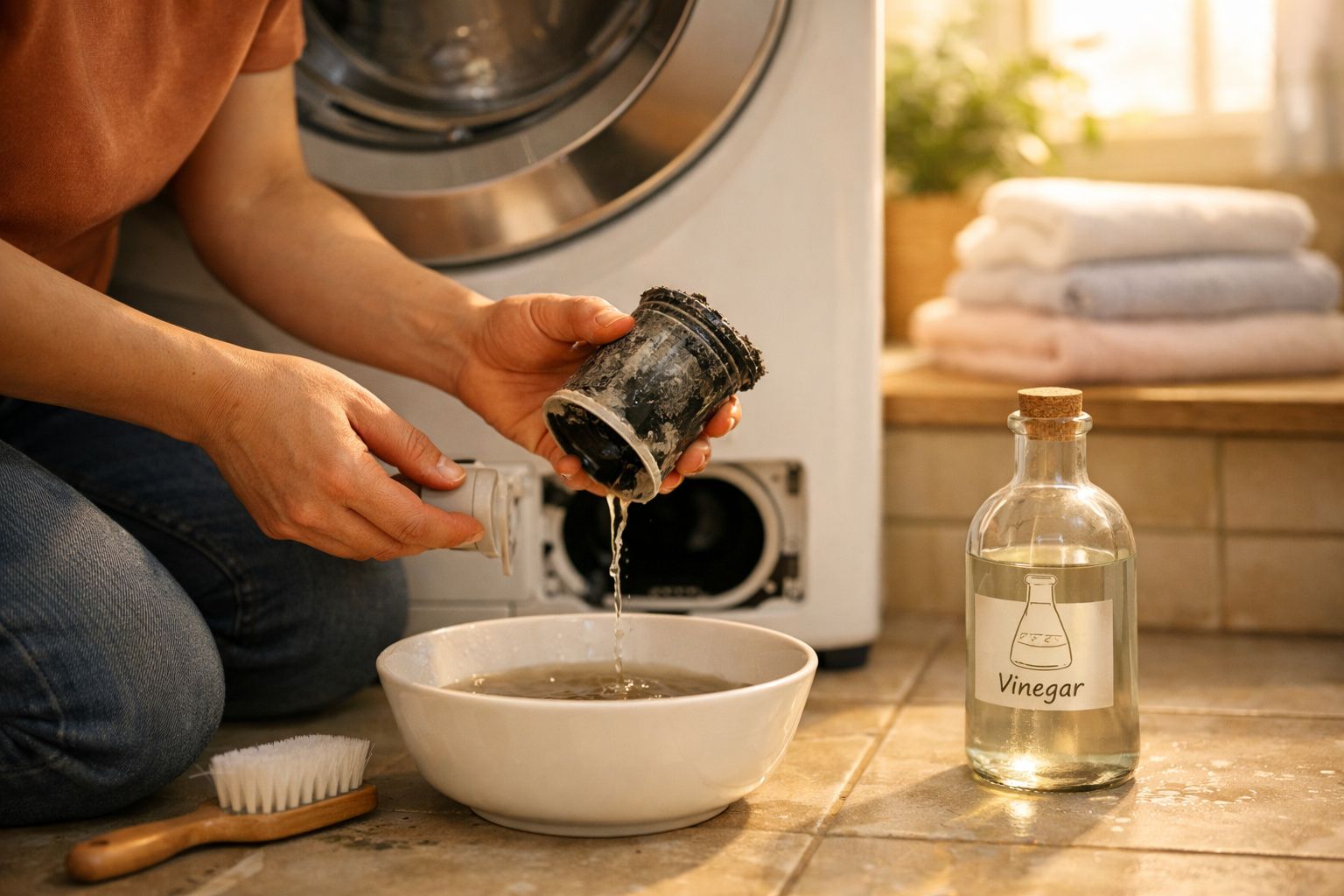 Pessoa a limpar o filtro de uma máquina de lavar com vinagre e escova, junto a um recipiente com água suja.