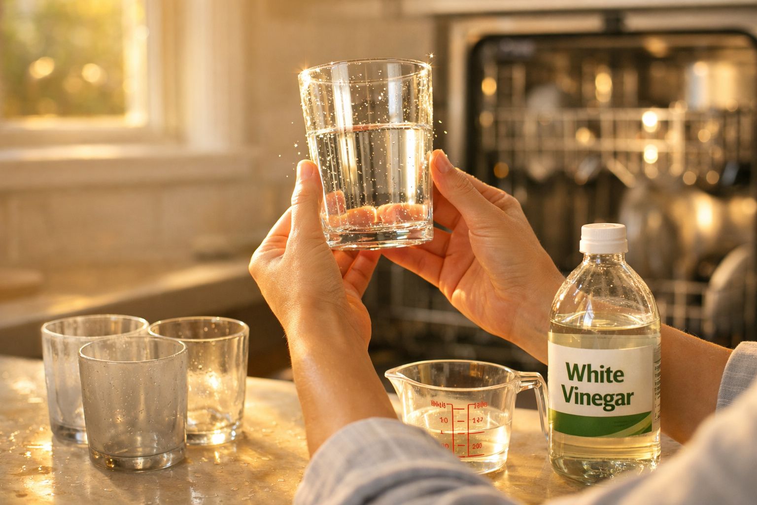 Mãos seguram copo com água, garrafa de vinagre branco e utensílios de cozinha numa mesa iluminada.