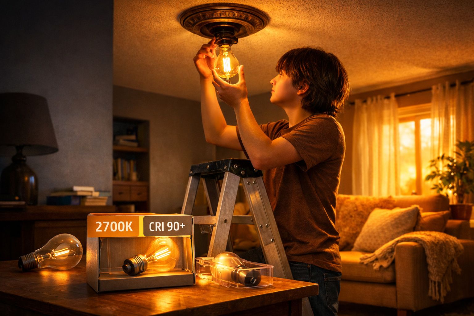 Rapaz a substituir uma lâmpada incandescente num candeeiro tecto numa sala aconchegante.