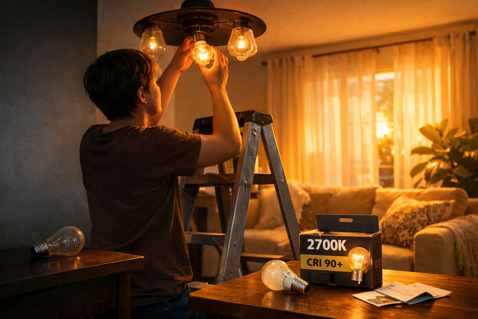 Pessoa a montar lâmpada amarela num candeeiro de teto numa sala acolhedora com escada e mesa à frente.
