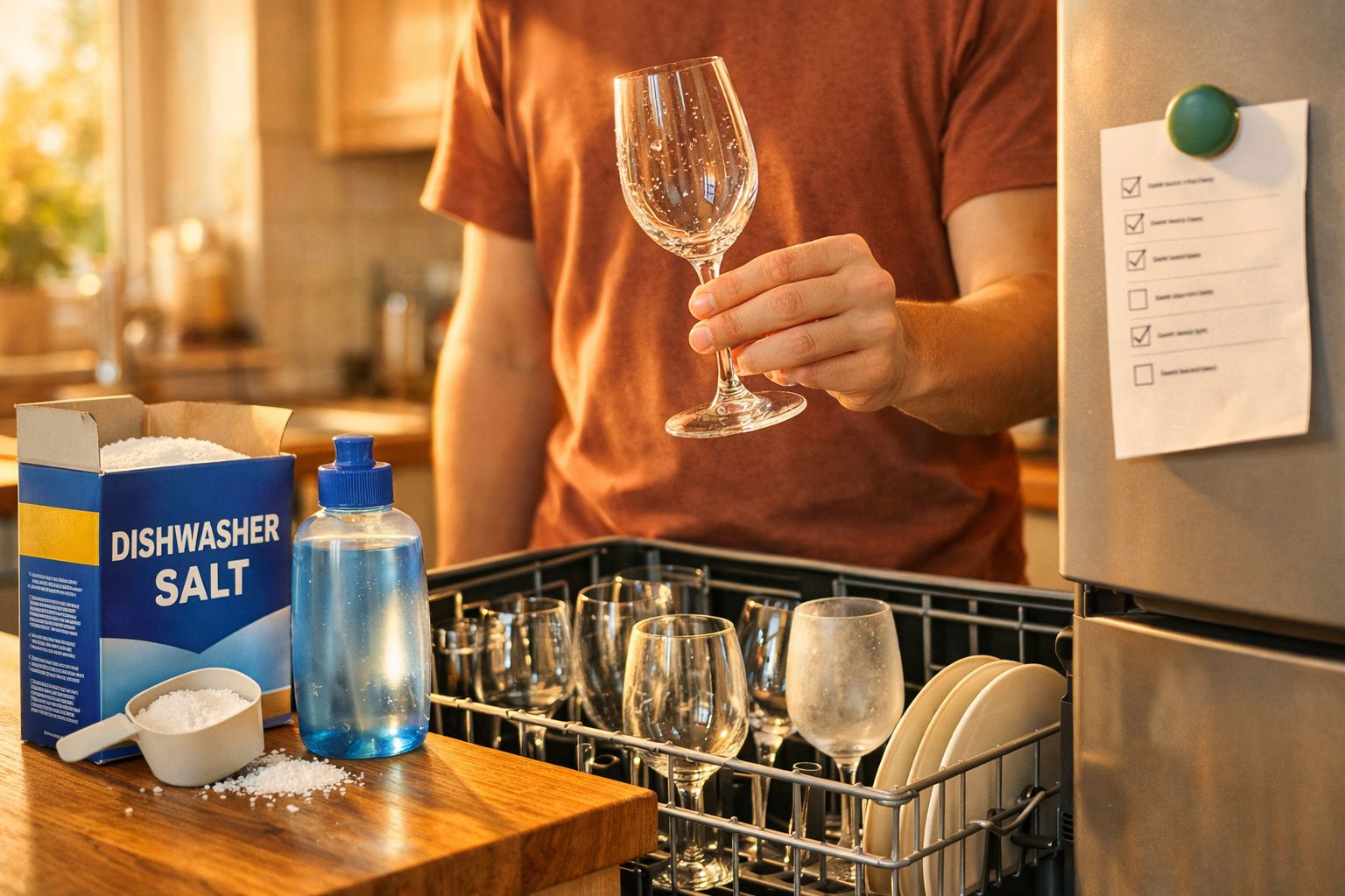 Pessoa a segurar um copo, com máquina de lavar loiça aberta cheia de copos e pratos, e sal para máquina à frente.