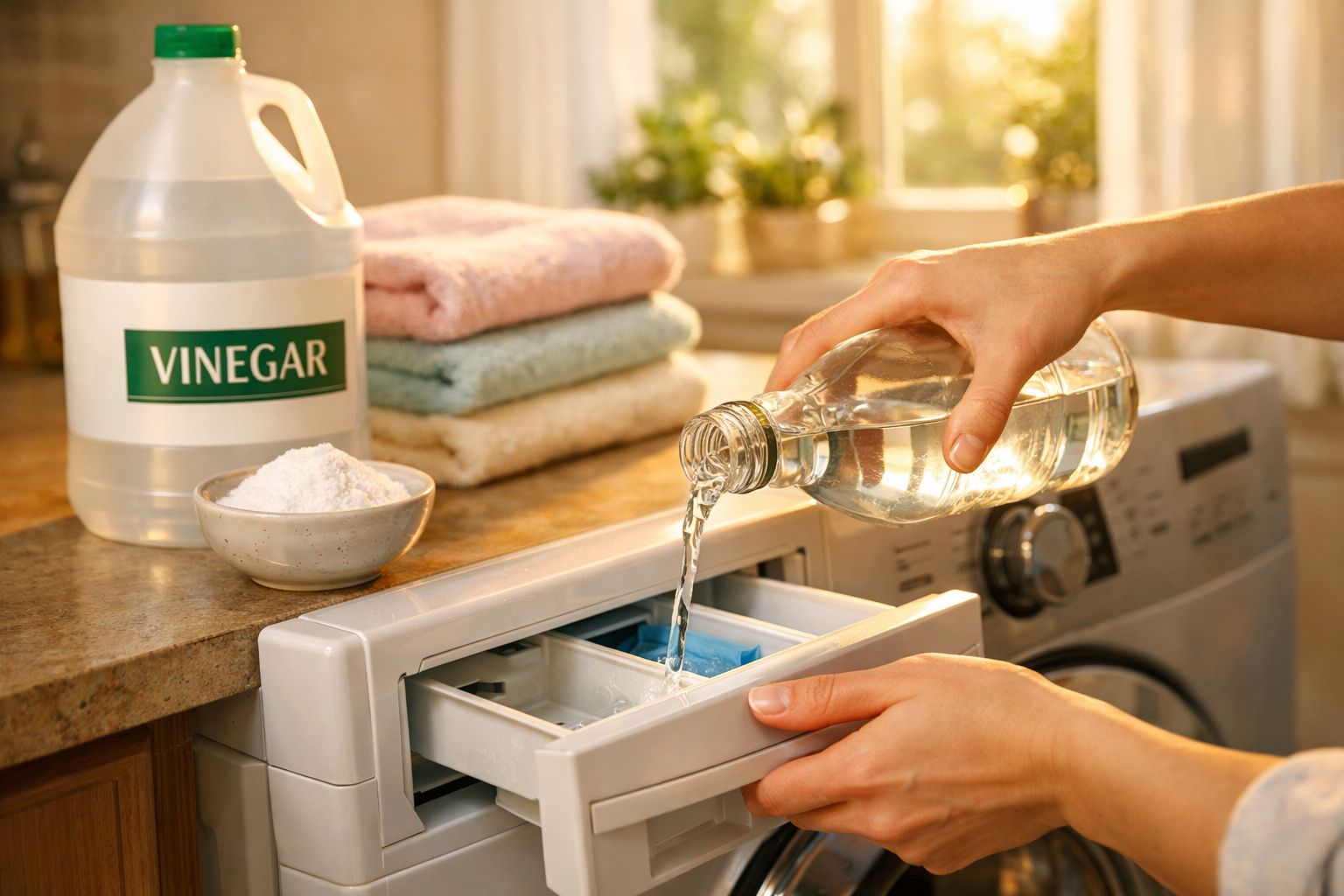 Pessoa a verter vinagre num dispensador de detergente de máquina de lavar roupa com toalhas dobradas ao fundo.