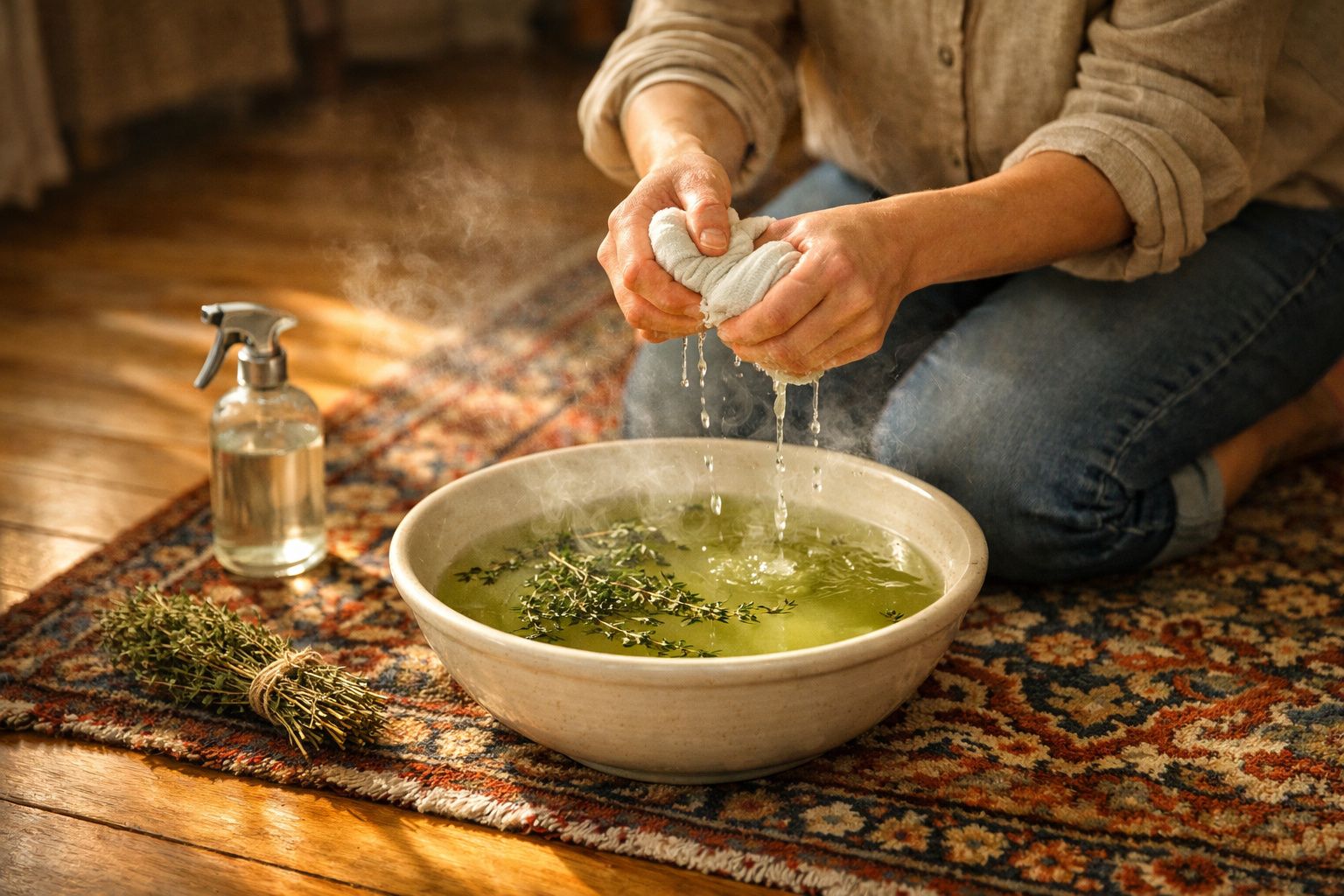 Pessoa a espremer um pano sobre uma bacia com água e ervas numa sala com tapete colorido.