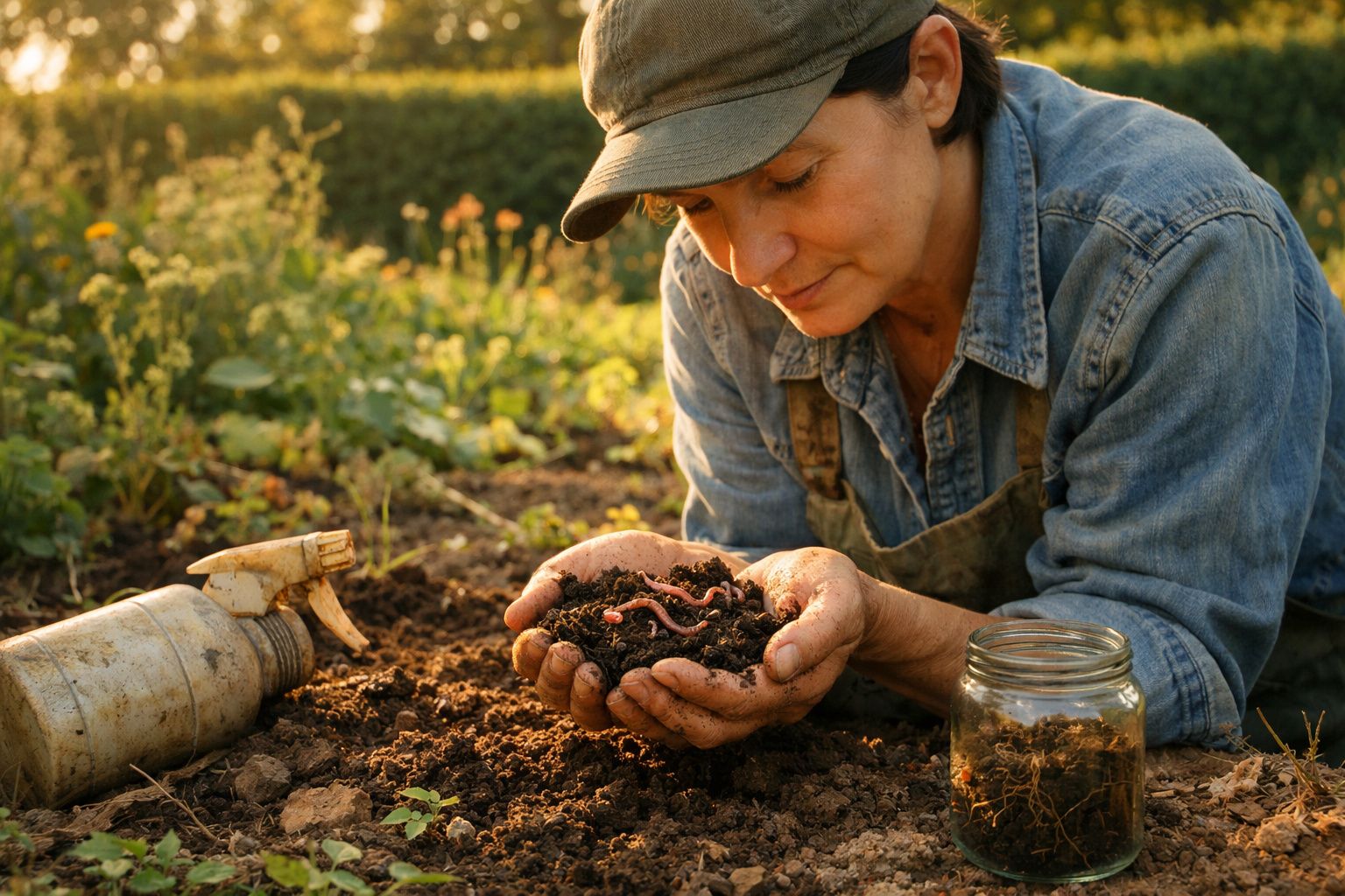 Mulher debruçada no solo a observar terra com minhocas, rodeada de plantas e utensílios de jardinagem.