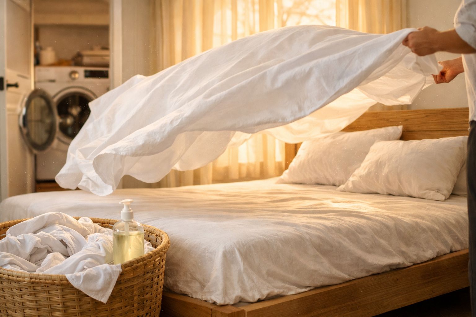 Pessoa a estender lençol branco numa cama de madeira, com cesta de roupa e detergente ao lado.