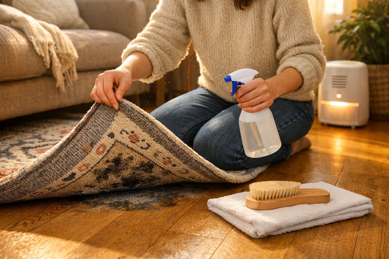 Pessoa a limpar nódoas de sujidade no tapete com spray e escova numa sala com chão de madeira.