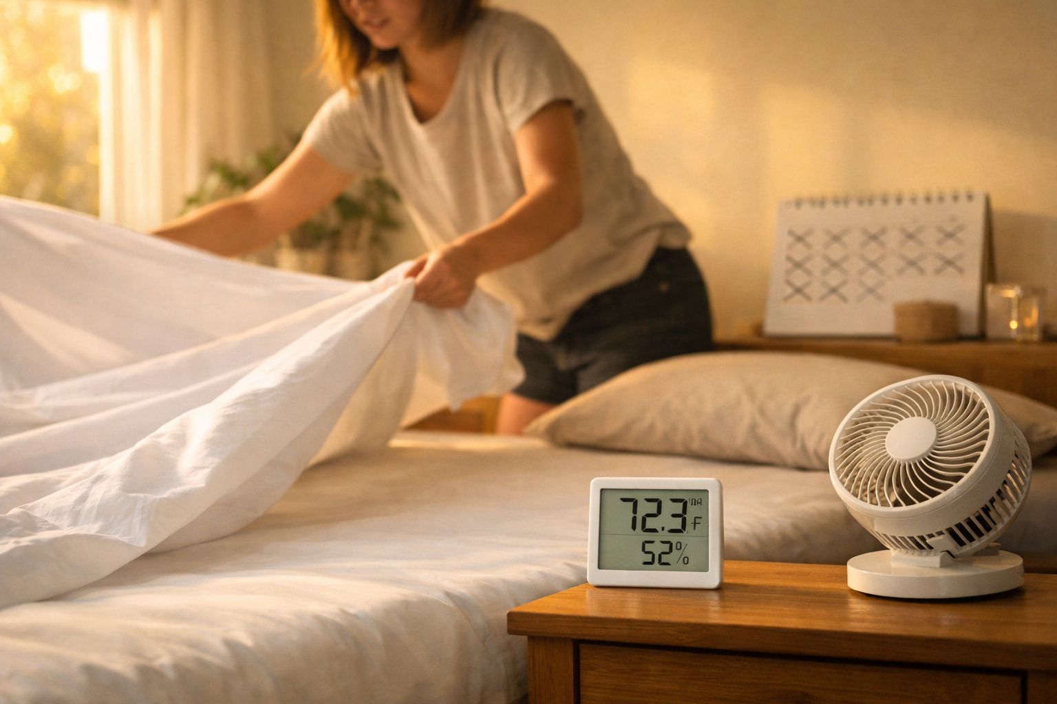 Pessoa a fazer a cama num quarto com termómetro e ventilador numa mesa de cabeceira.