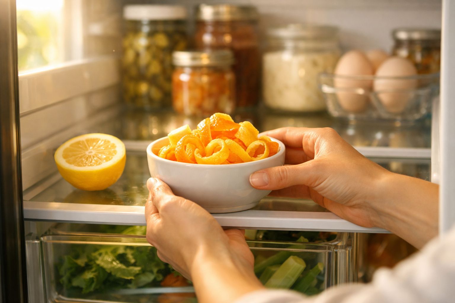 Mãos a colocar taça com cascas de laranja na prateleira do frigorífico, próximo a limão cortado e ovos.
