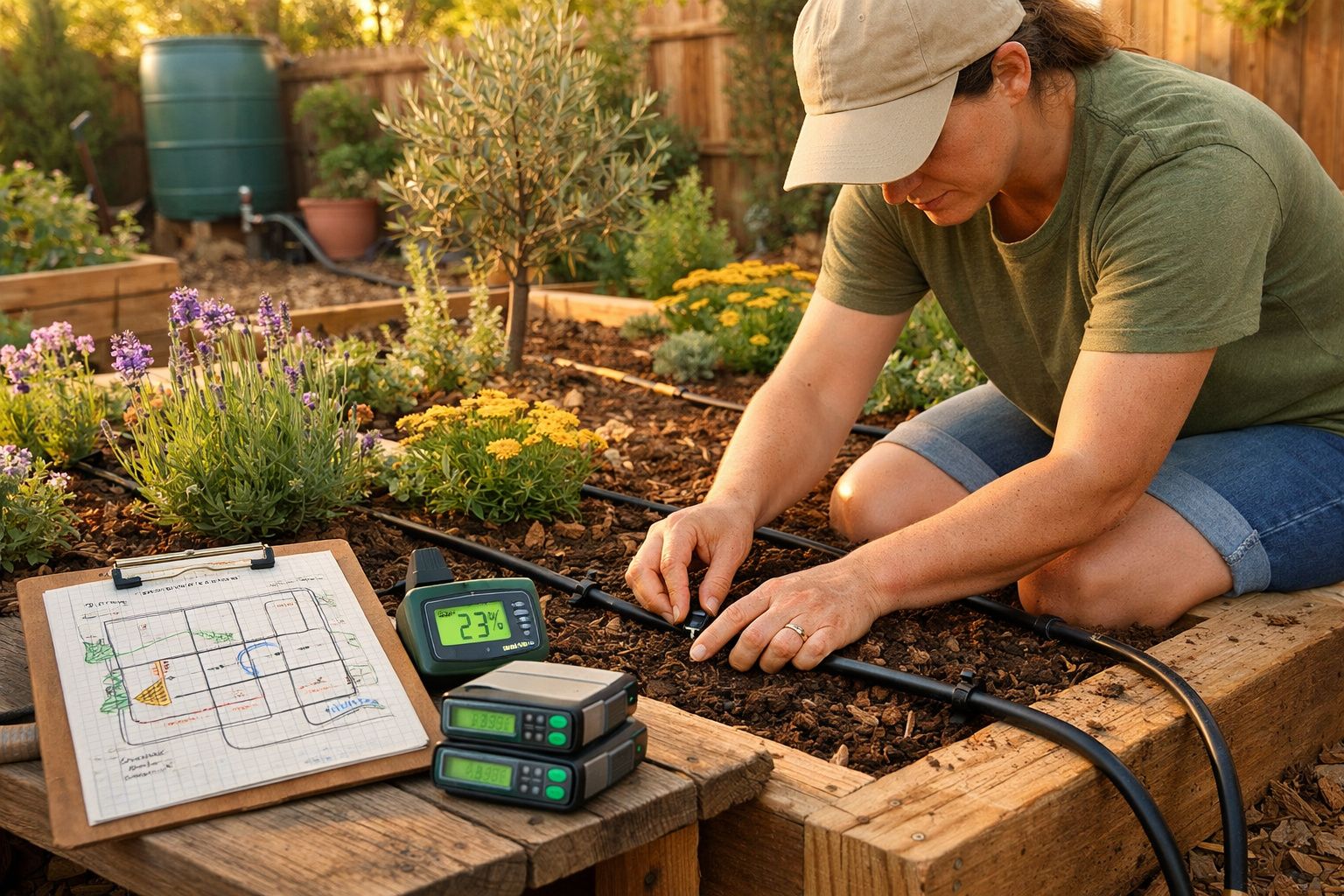 Pessoa ajusta sistema de rega automática em jardim com flores e ferramentas de monitorização.