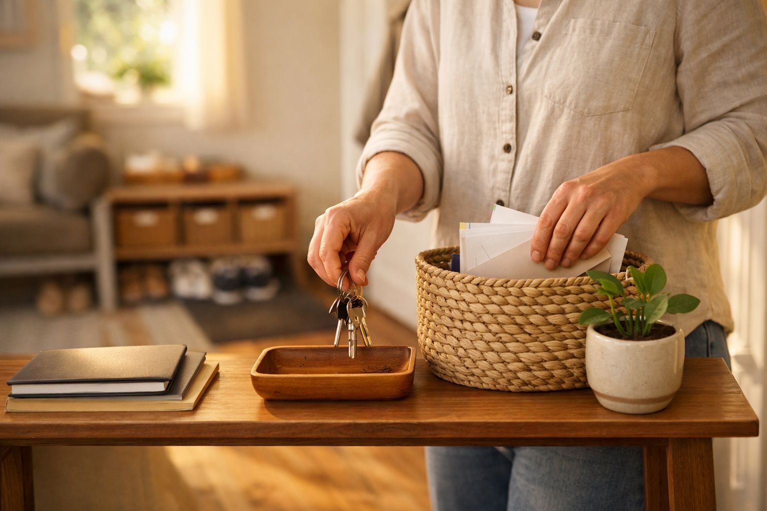 Pessoa a colocar chaves numa bandeja de madeira numa mesa com cestos, livros e planta numa sala iluminada.