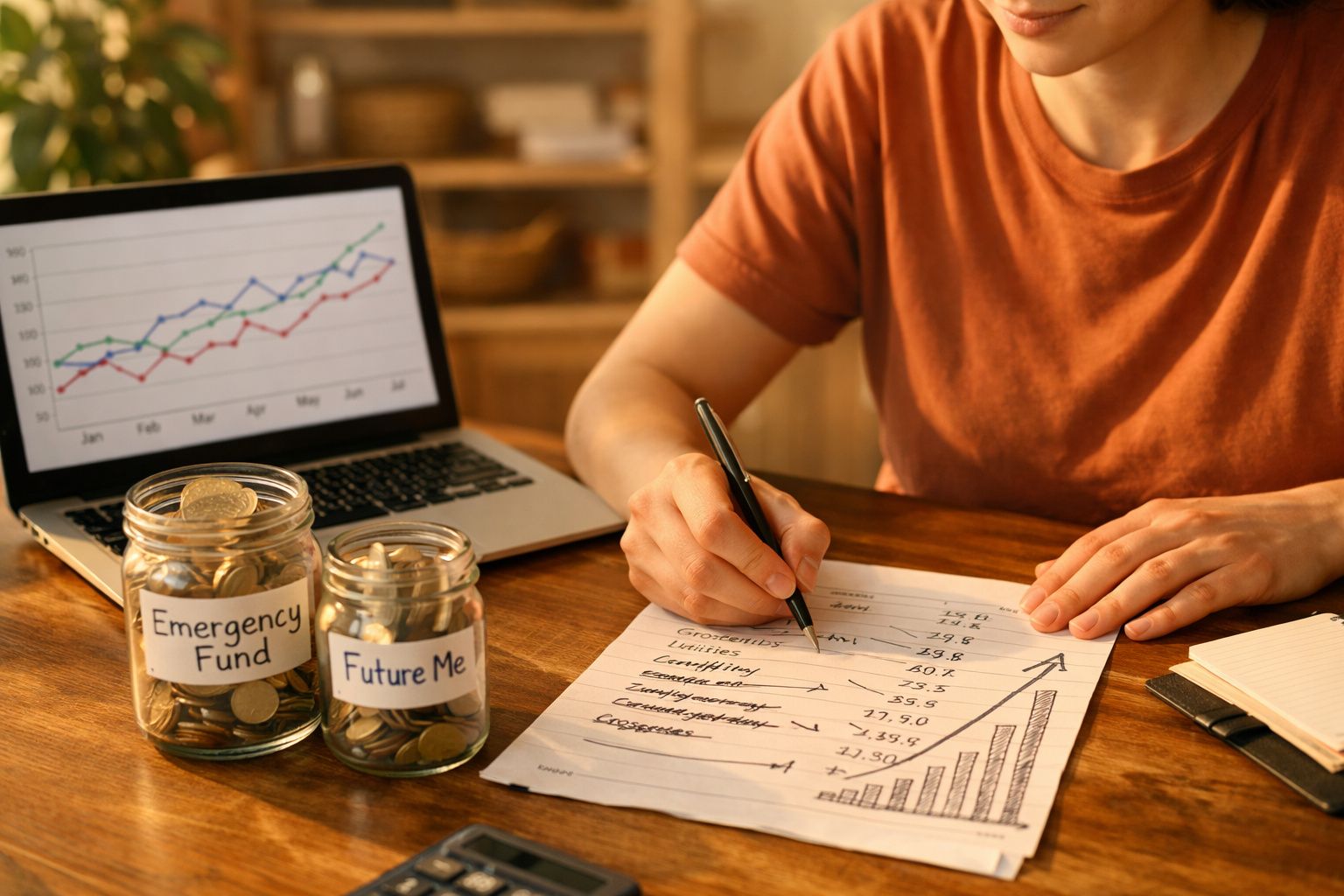 Pessoa a analisar finanças com gráficos, cofres de moedas e computador com gráficos de crescimento.