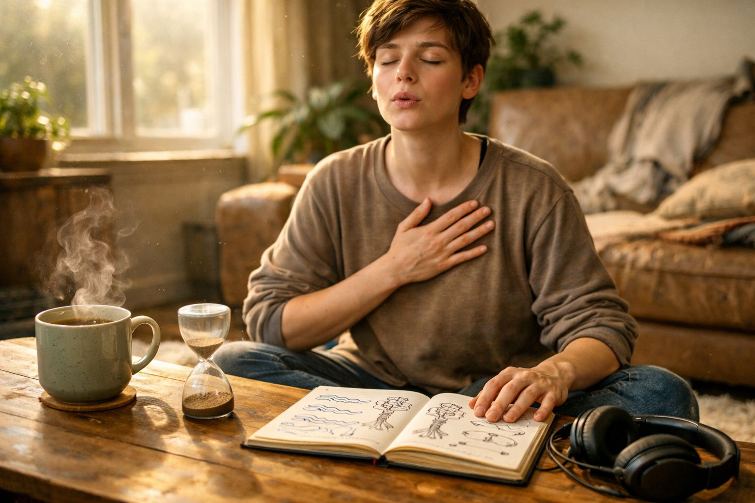 Pessoa a meditar sentada no chão com caderno aberto, ampulheta e chá quente numa sala acolhedora.