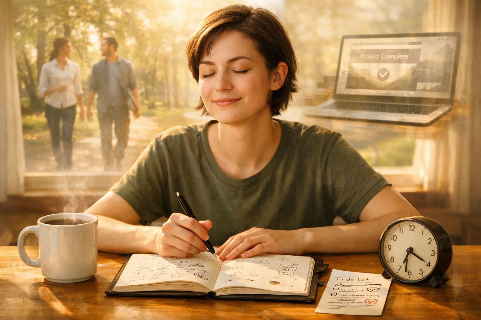 Jovem sorridente escreve num caderno com chá quente, relógio e lista de tarefas numa mesa iluminada.