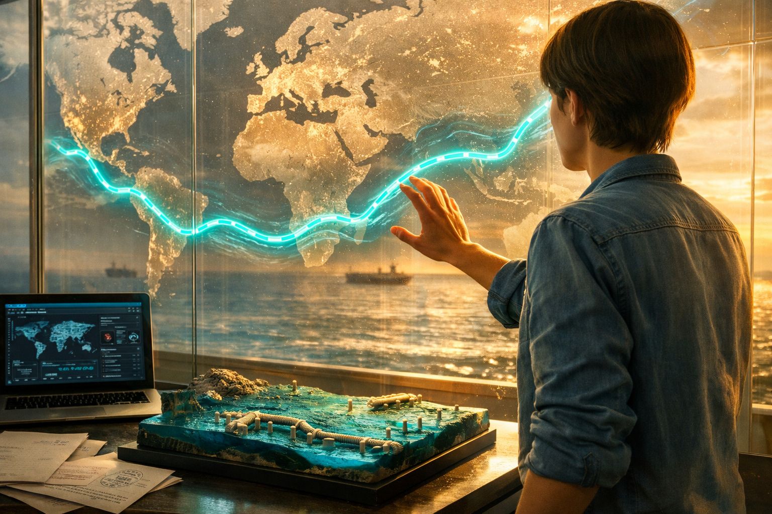 Pessoa a interagir com mapa mundial digital e modelo de tubagem, junto ao mar ao pôr do sol.