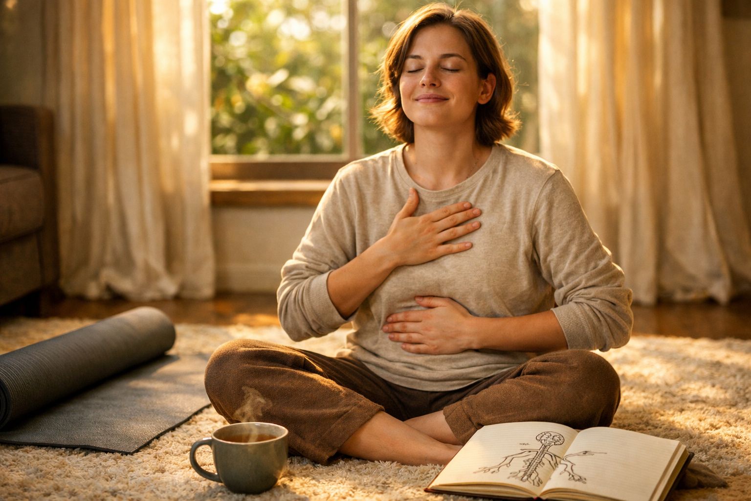 Mulher sentada em posição de meditação, olhos fechados, mãos no peito e abdómen, junto a um livro e chá quente.