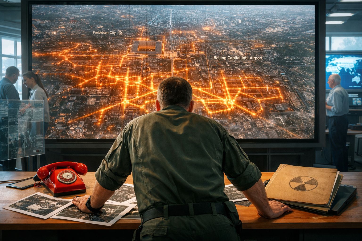 Homem observa mapa iluminado com rotas aéreas, num centro de comando militar moderno com documentos e telefone vermelho.