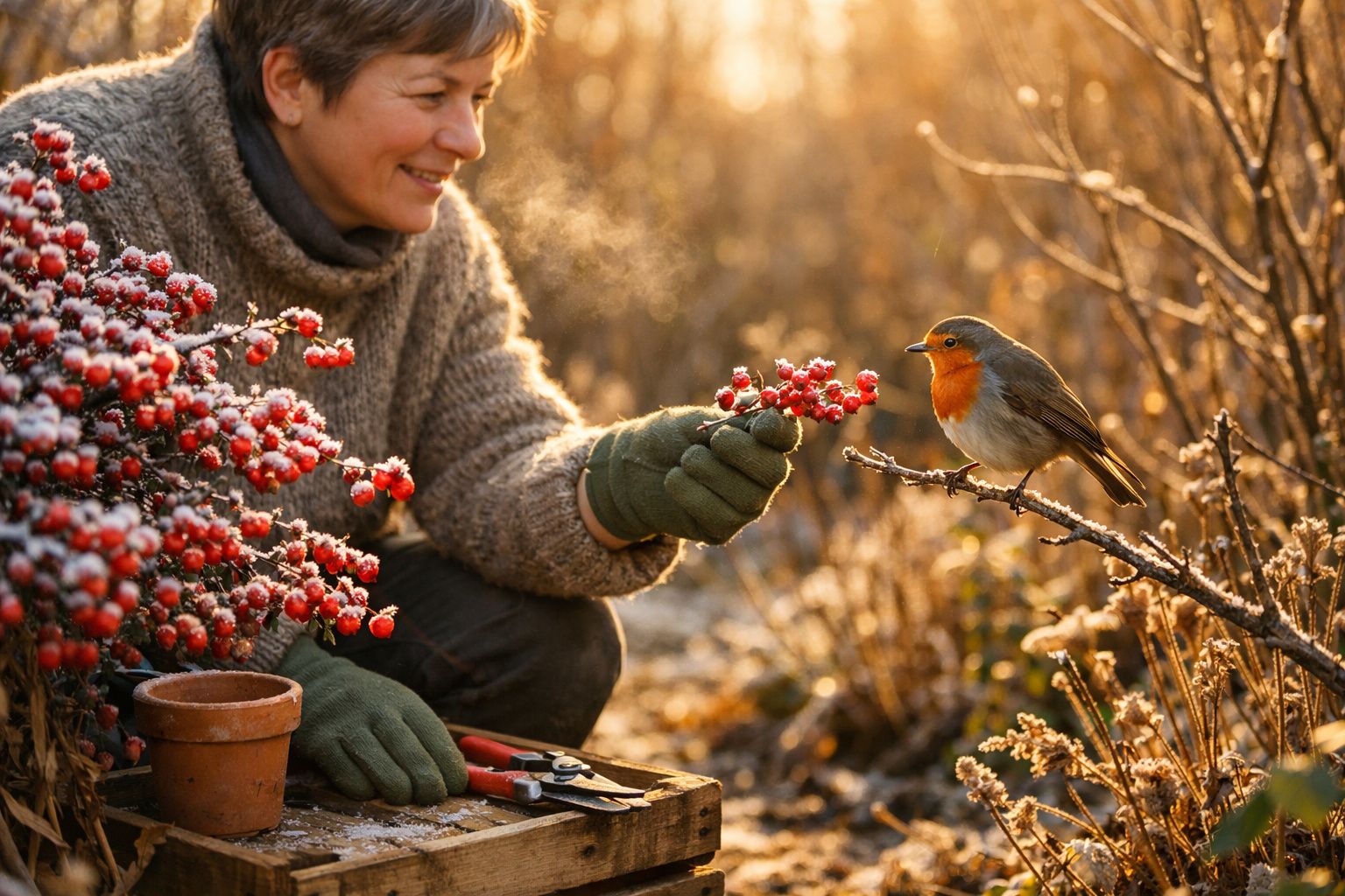 Pessoa de luvas e camisola oferece frutos vermelhos a um pássaro em ramo durante o pôr do sol.