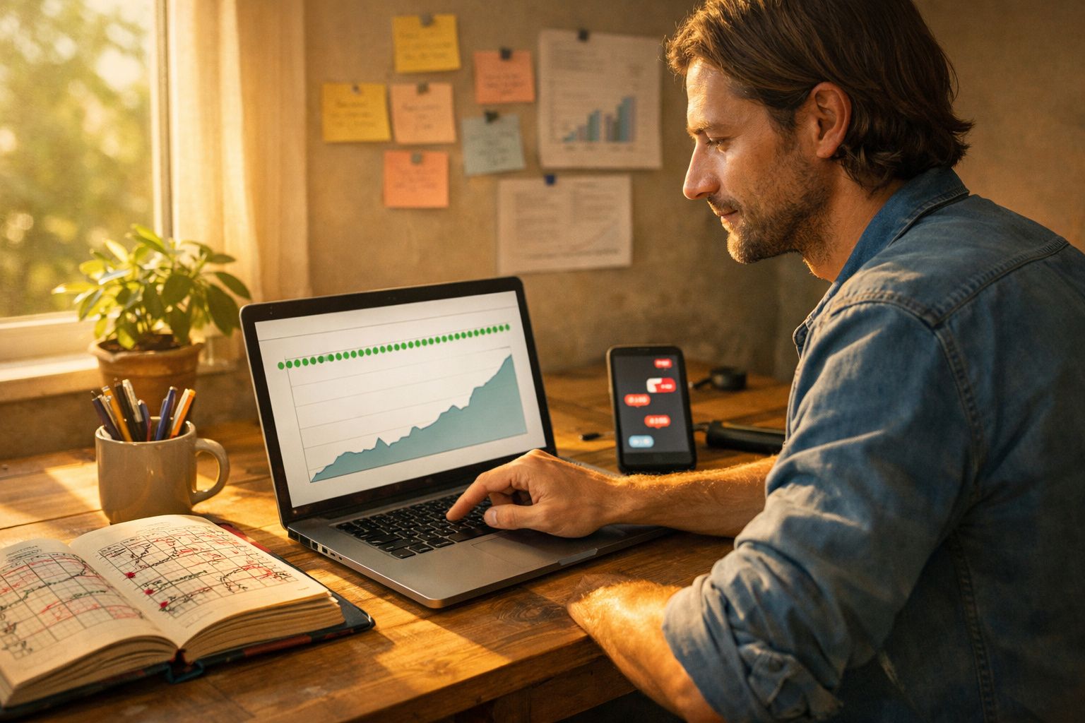 Homem a analisar gráfico de crescimento no ecrã de um portátil numa mesa de trabalho junto a janela.