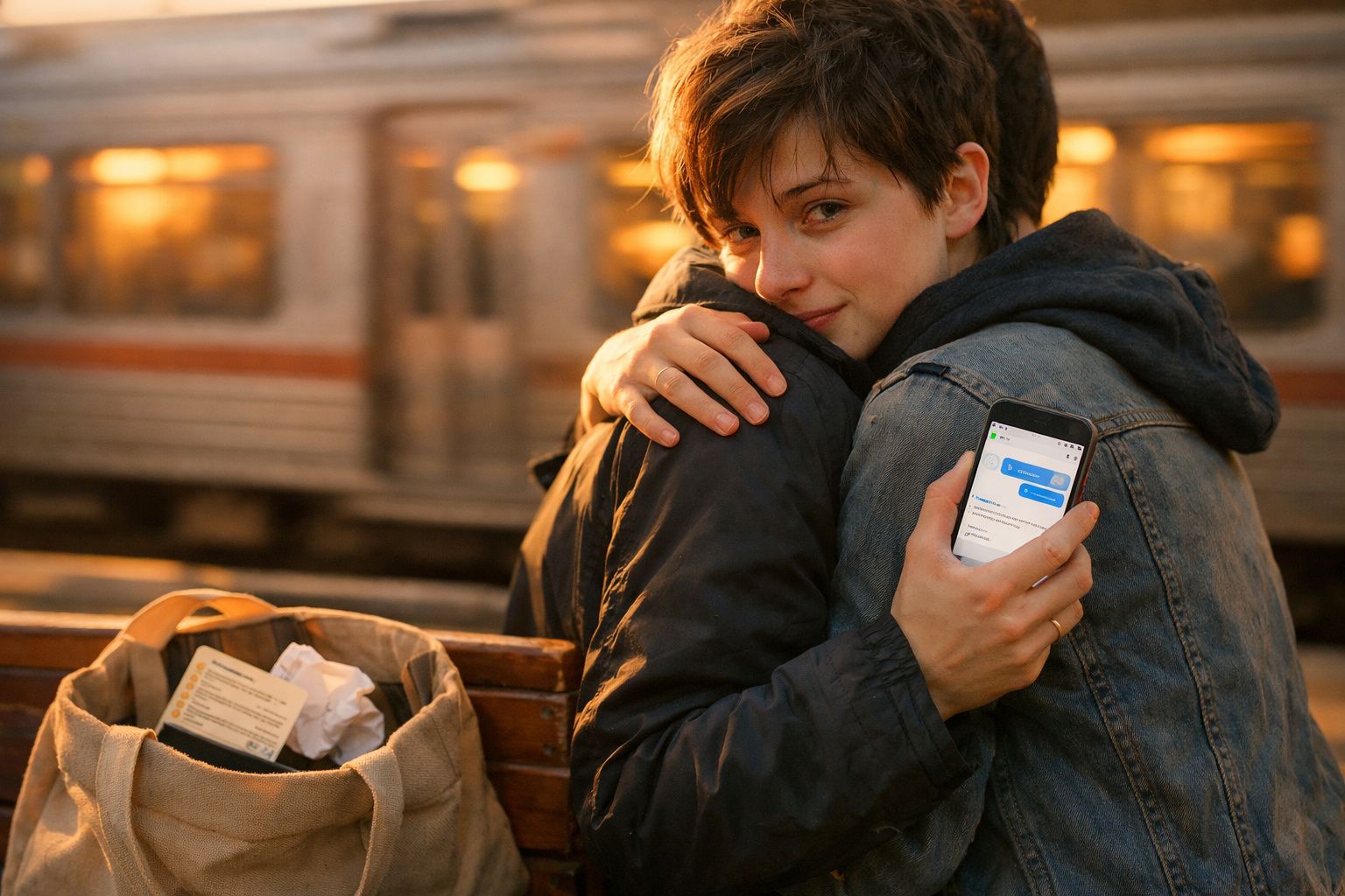 Duas pessoas abraçadas numa estação de comboios, uma segura um telemóvel com ecrã de mensagens visível.