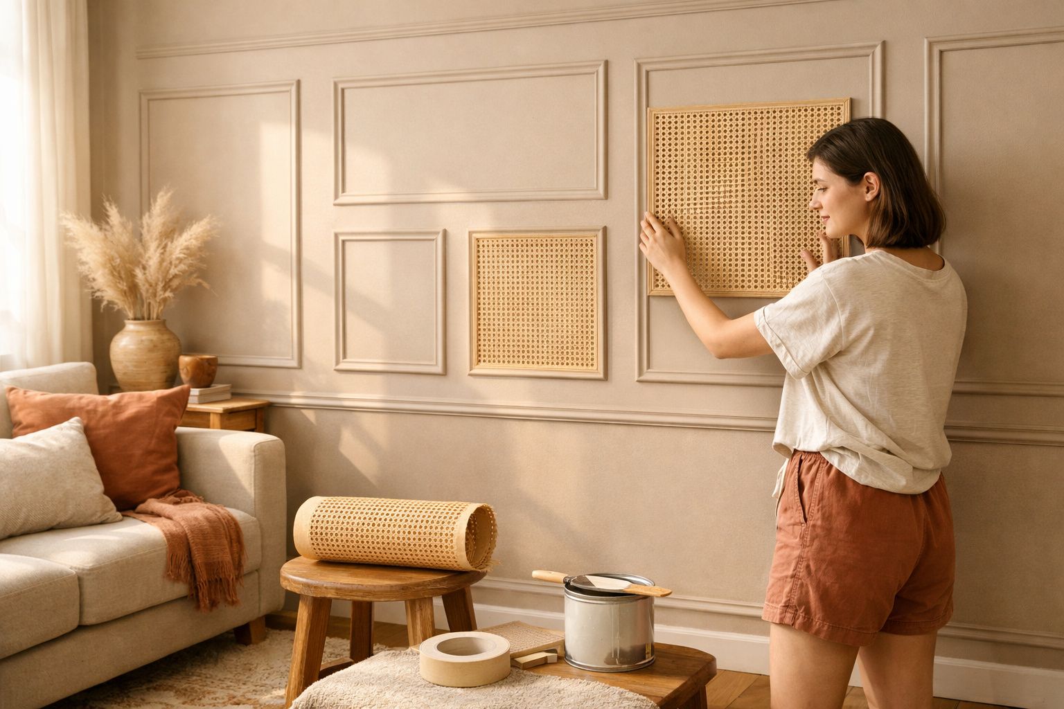 Mulher a decorar parede com painéis de vime numa sala com tons neutros e mobiliário em madeira.