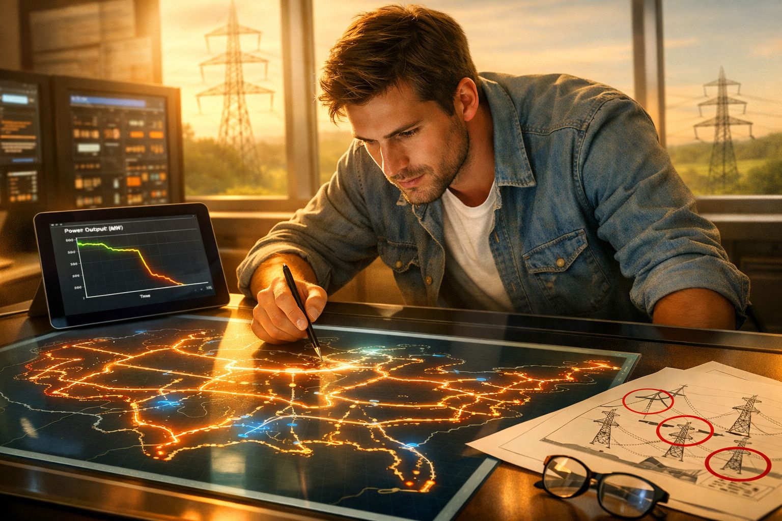 Homem analisa mapa luminoso de rede elétrica com gráficos e esquemas de torres de energia ao pôr do sol.