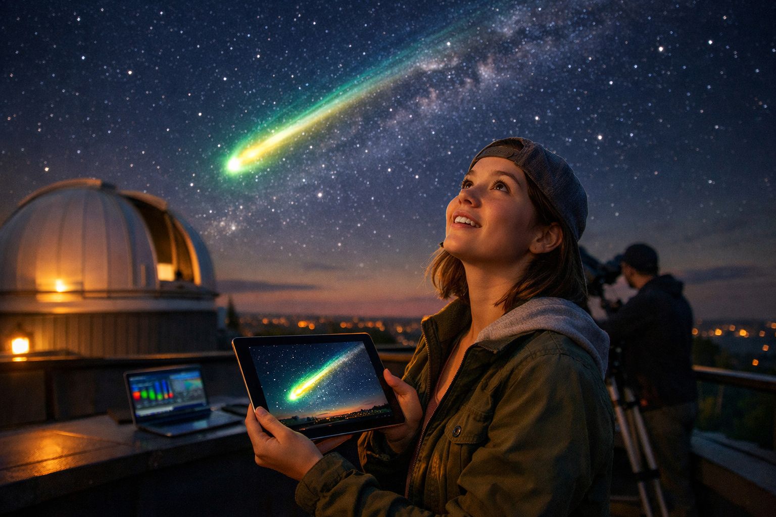 Mulher observa com fascínio um meteoro no céu estrelado enquanto segura um tablet que mostra a mesma imagem.