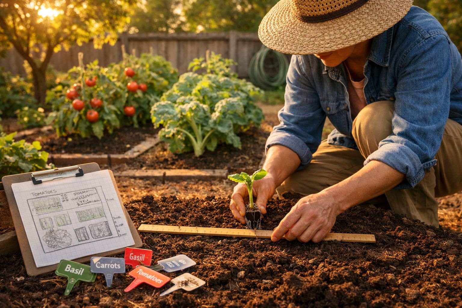 Pessoa a plantar uma muda num jardim, ao lado de uma prancheta com plano de cultivo e etiquetas de plantas.