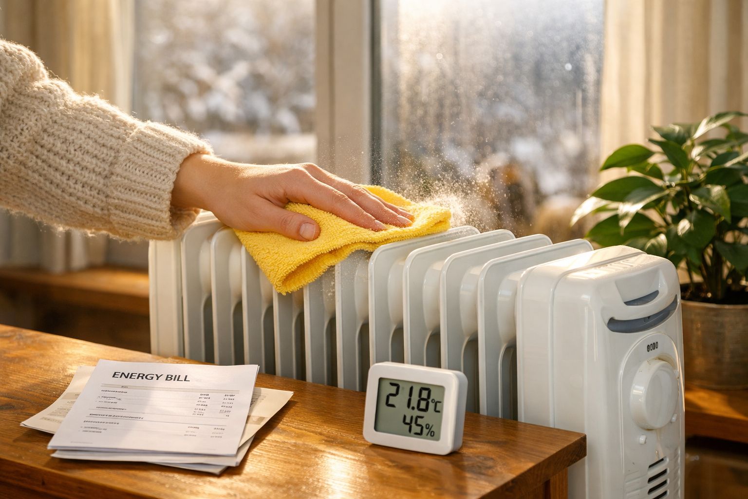 Pessoa a limpar pó de aquecedor elétrico branco com um pano amarelo, com faturas e termómetro digital na mesa.