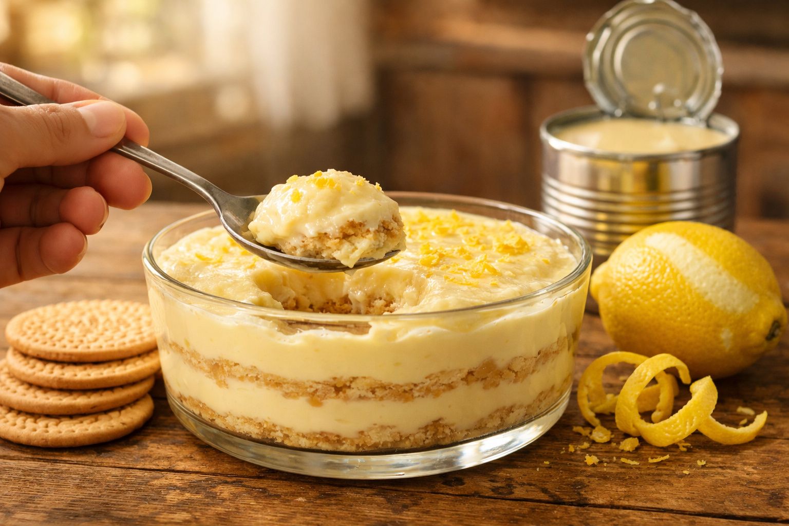 Tigela de vidro com sobremesa cremosa de limão e bolacha, mão segurando colher com porção da sobremesa.