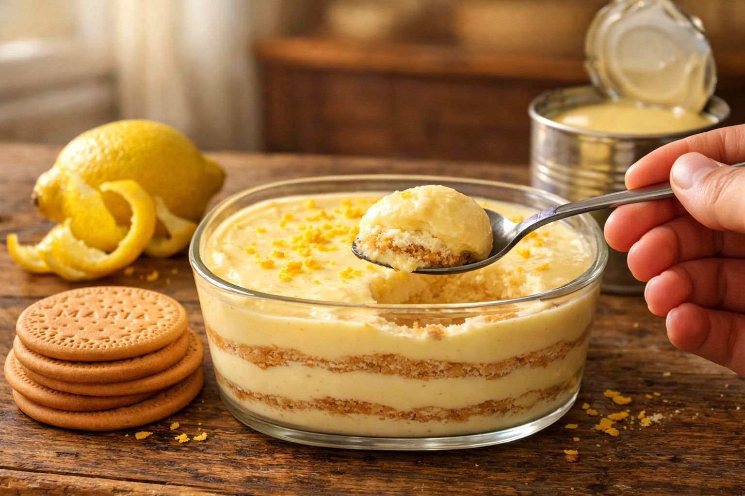 Pessoa a colher sobremesa de limão com bolacha maria em tigela de vidro sobre mesa de madeira
