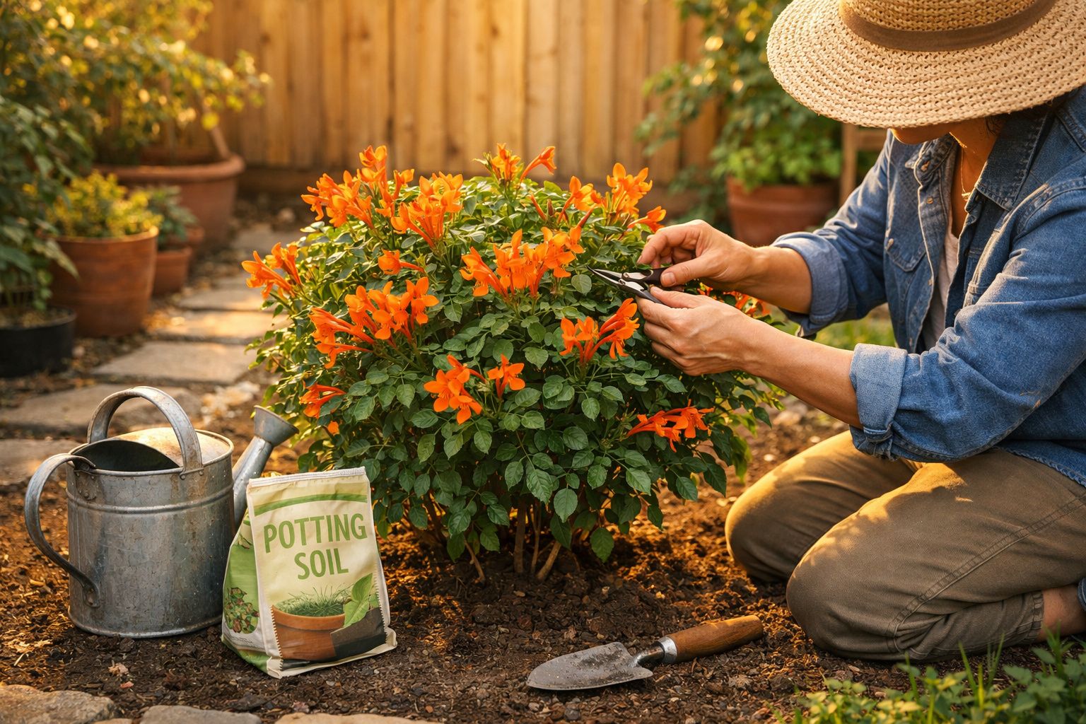 Pessoa a podar flores laranja num jardim com chapéu, regador e saco de substrato ao lado.