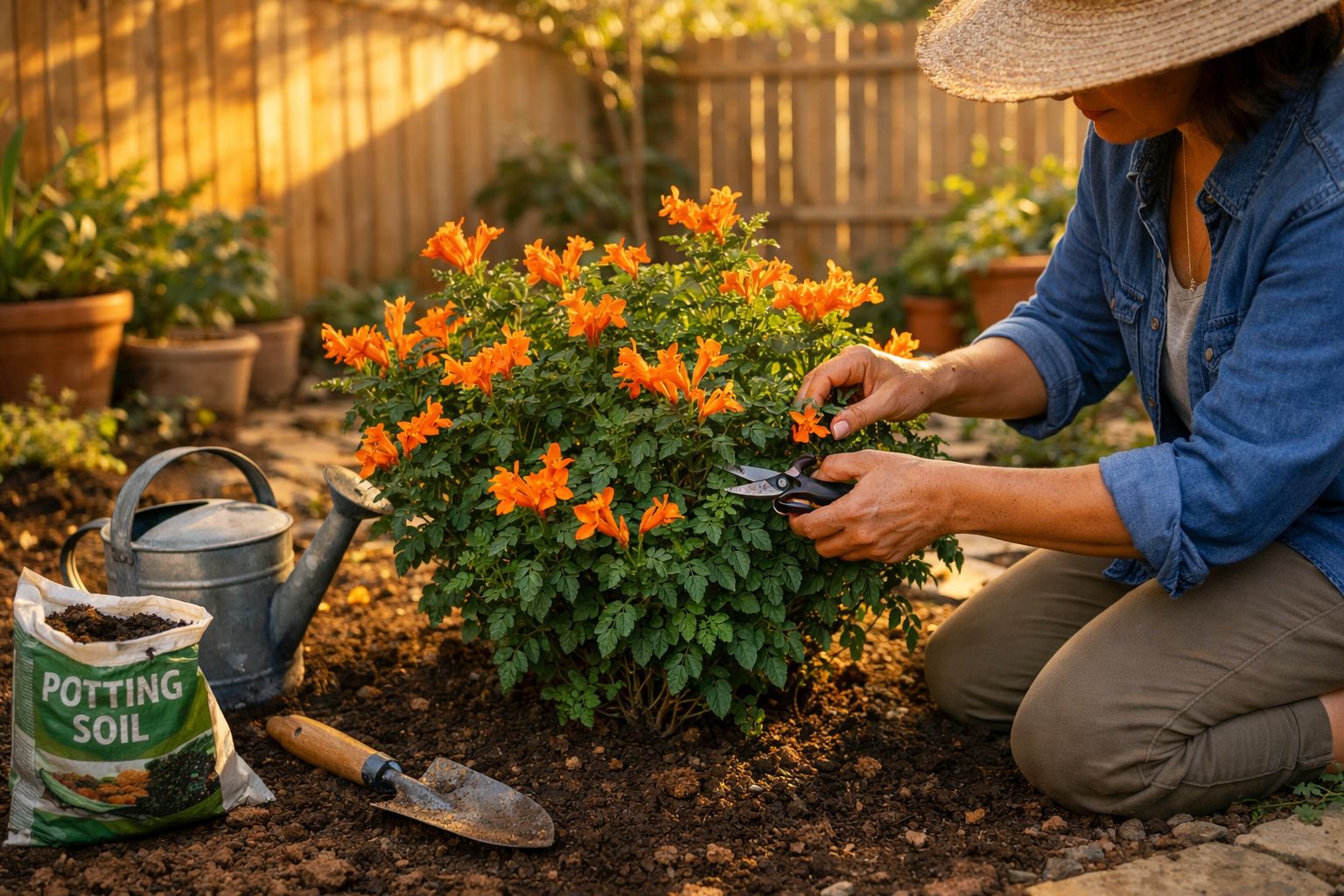 Pessoa a podar flores laranja num jardim com regador e terra para relva ao lado.