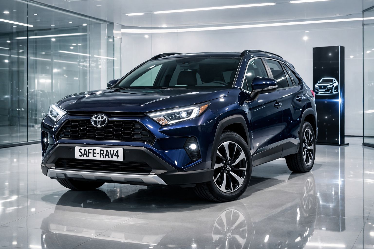 Toyota RAV4 azul escuro em exposição num showroom moderno e iluminado.
