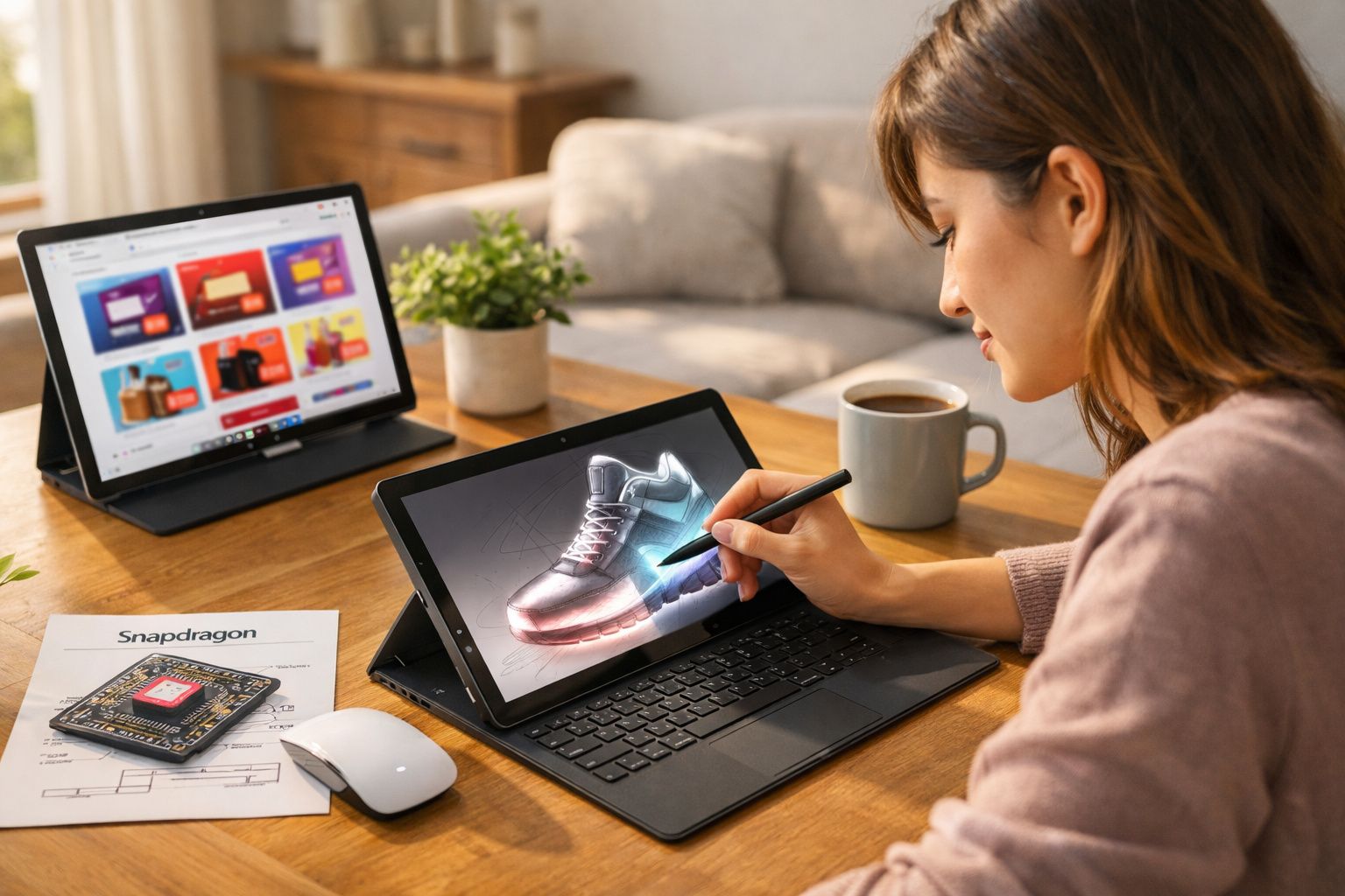 Mulher a desenhar digitalmente um ténis num tablet com teclado, enquanto usa uma caneta digital.