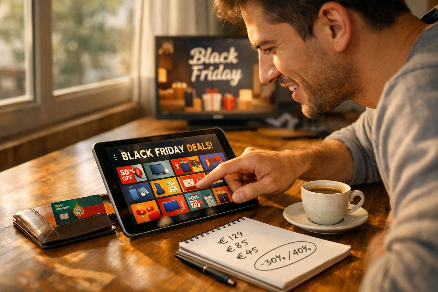 Homem a fazer compras online em tablet durante Black Friday, com caderno de notas e café numa mesa de madeira.