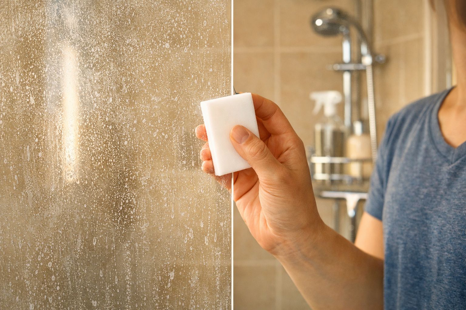 Pessoa a limpar vidro de chuveiro com esponja branca anti-calcário e manchas de água.