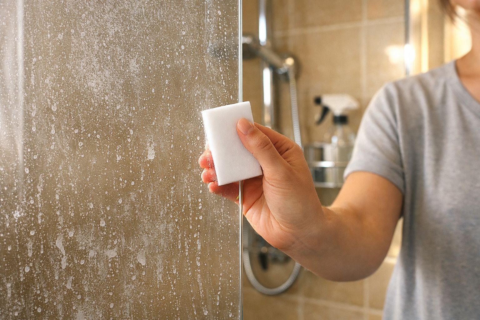 Pessoa a limpar vidro embaciado de cabine de duche com esponja branca.
