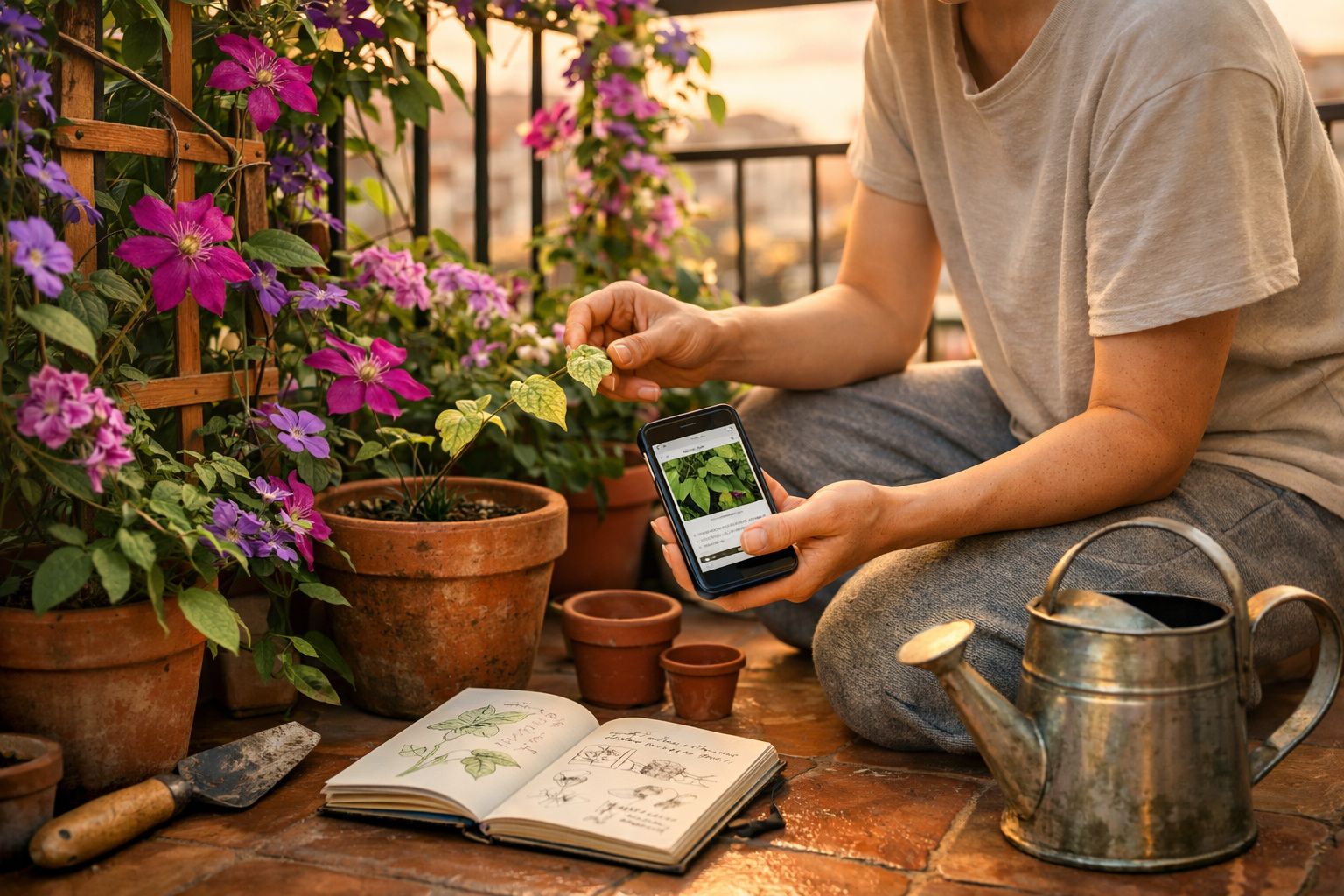 Pessoa a identificar planta com telemóvel junto a várias flores em vasos, livro de botânica e regador num terraço.