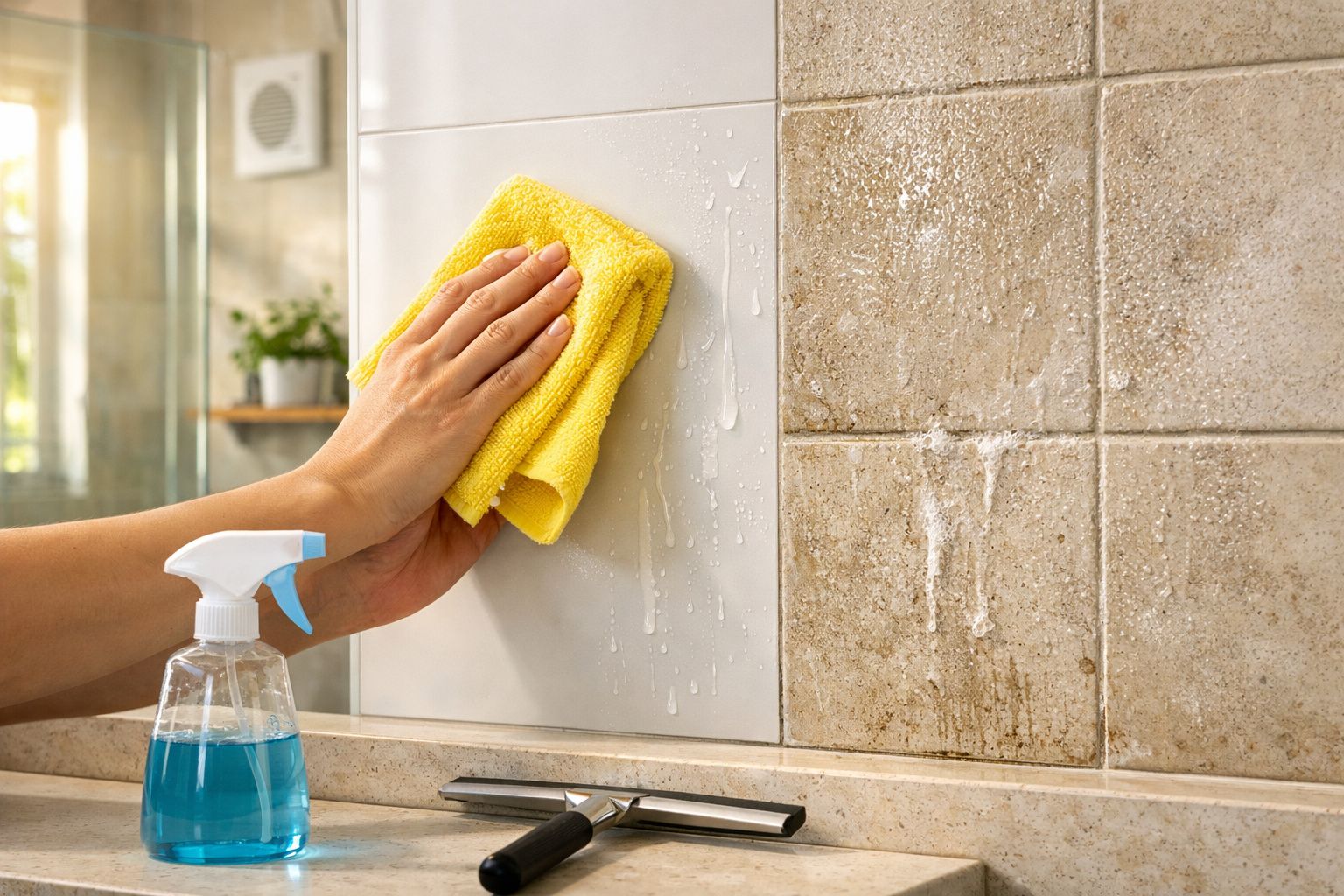 Mão a limpar azulejos sujos de casa de banho com pano amarelo e spray de limpeza azul.