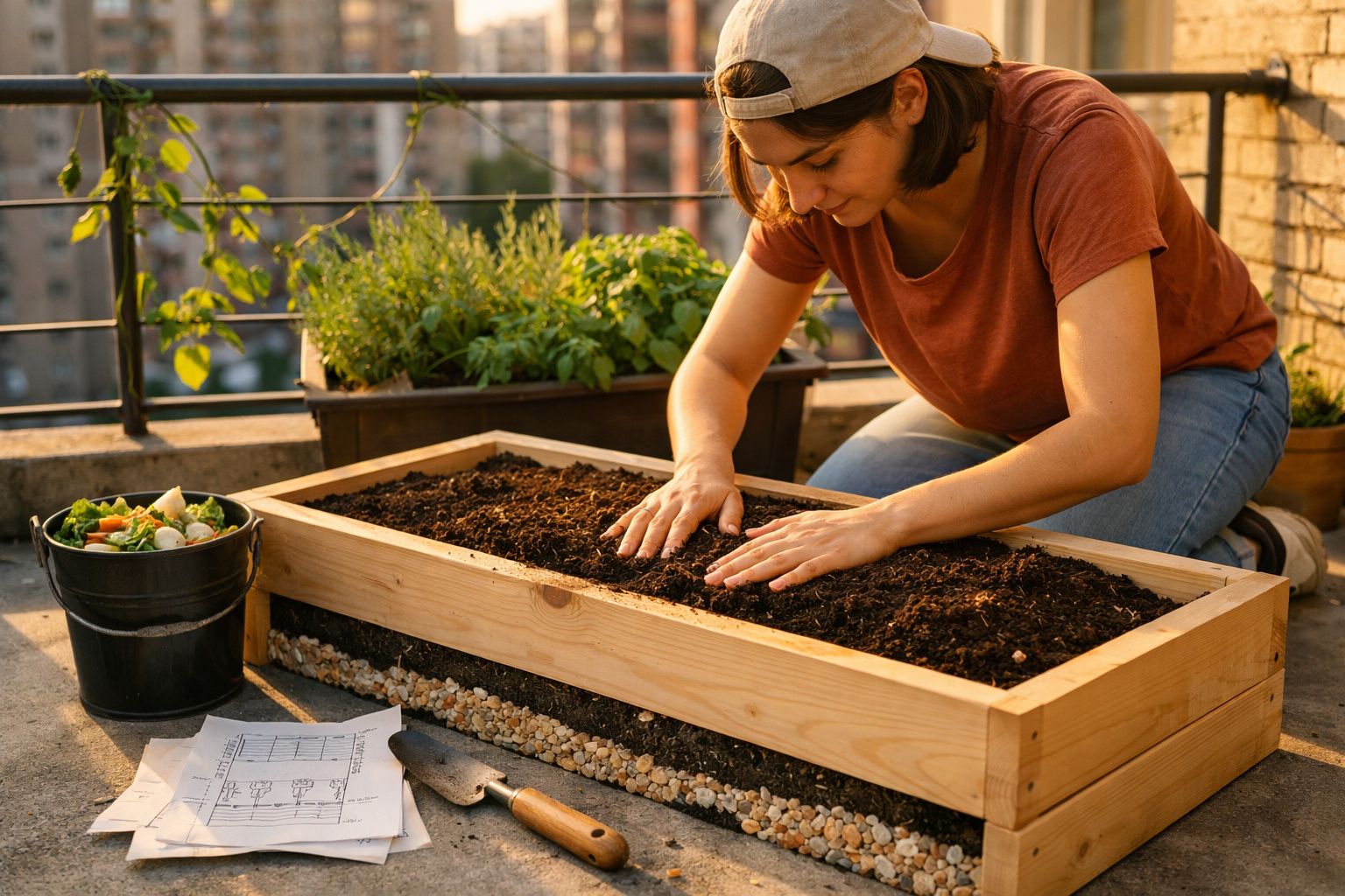Pessoa a plantar sementes numa horta urbana num canteiro de madeira num terraço com luz ao pôr do sol.