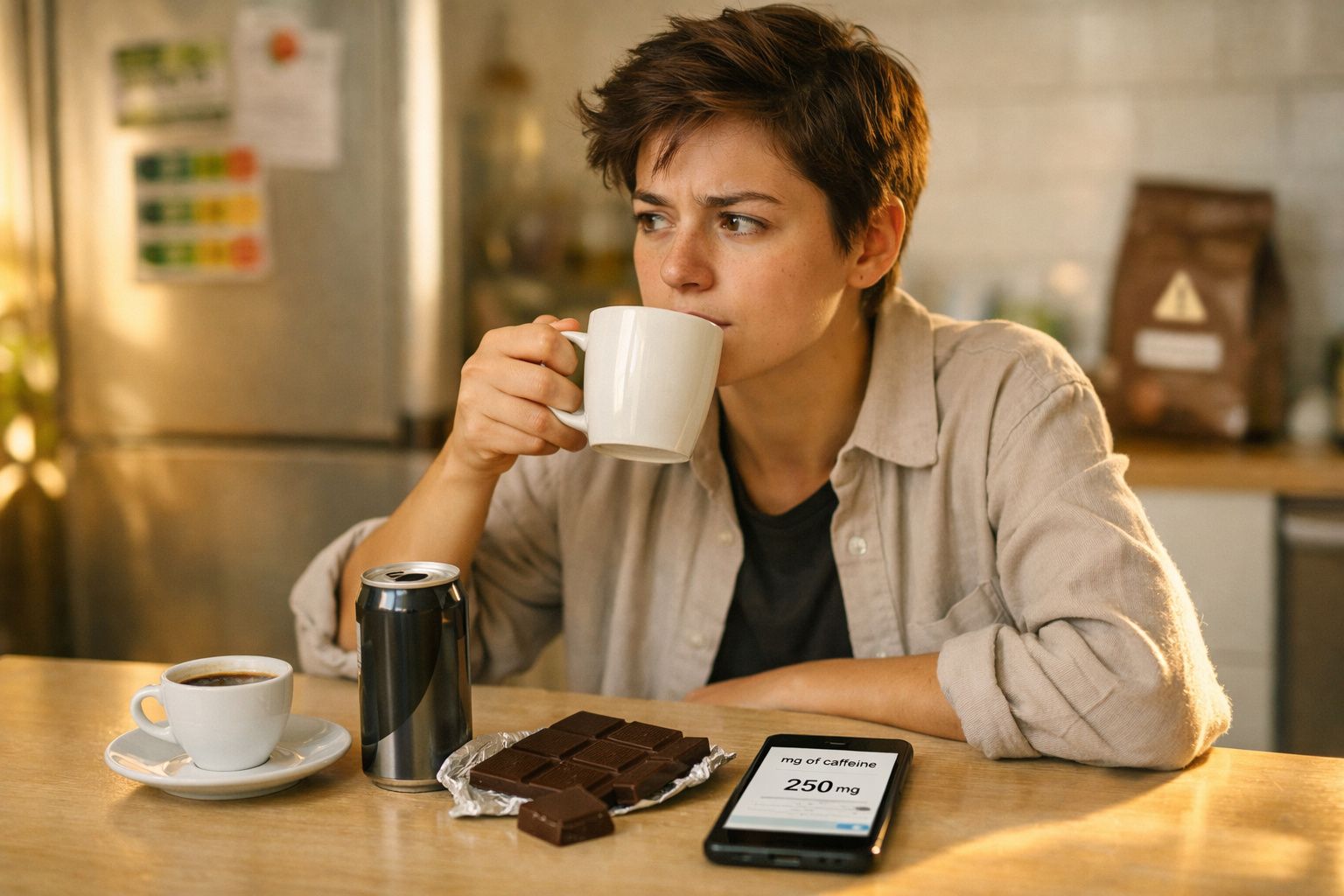 Pessoa jovem a beber de uma chávena branca sentada à mesa com chocolate, café, refrigerante e telemóvel.