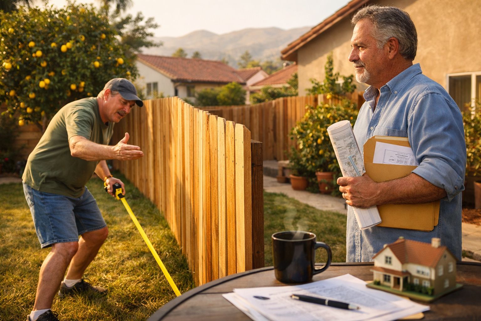 Dois homens discutem medidas de um vedação de madeira entre as suas propriedades em dia soalheiro.