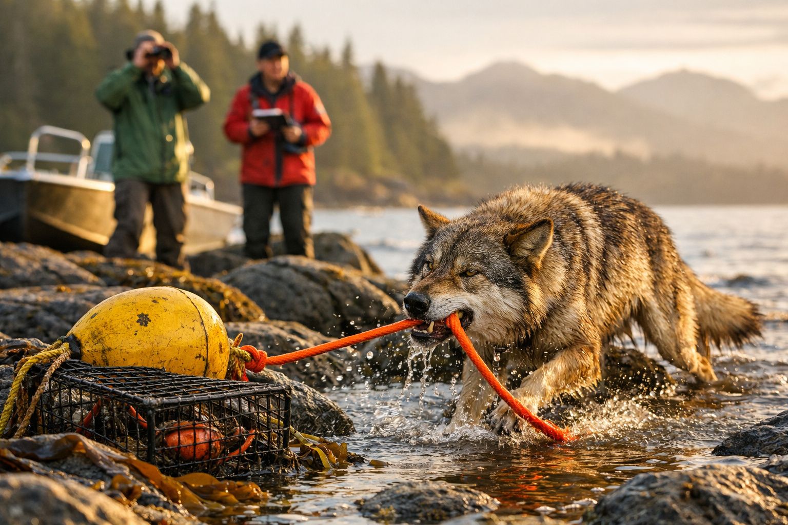 Lobo a puxar uma corda amarela perto de uma armadilha de caranguejos, com duas pessoas a observar ao fundo.