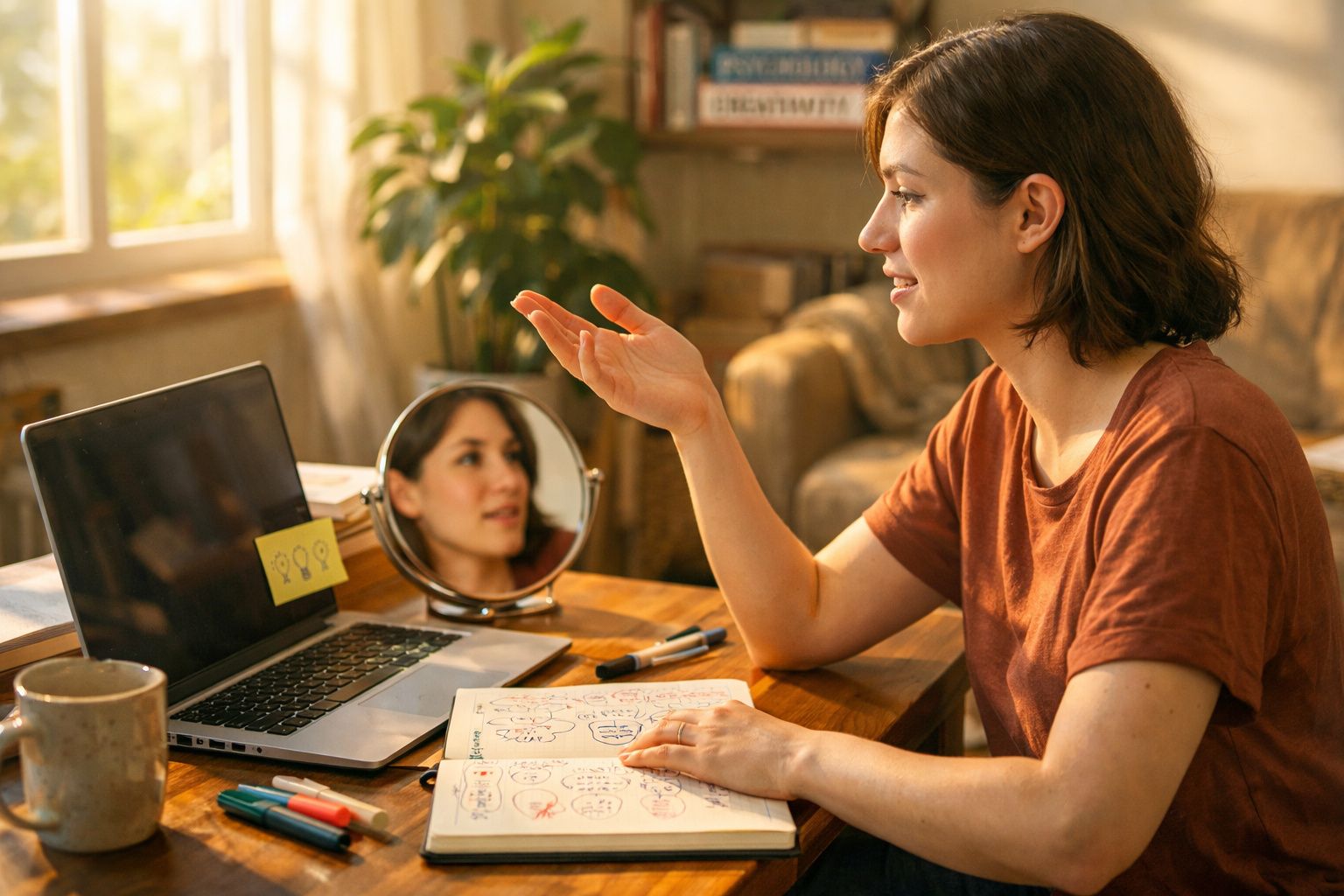 Mulher sentada à mesa com caderno aberto, laptop e espelho, a gesticular enquanto fala.