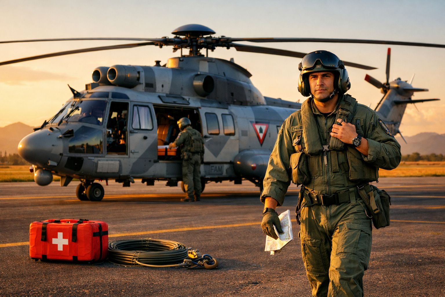Militar vestido com fato de voo e capacete caminha junto a equipamento de emergência diante de helicóptero militar.