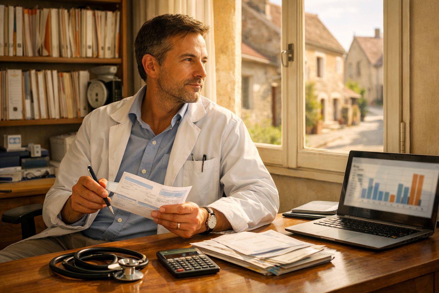 Homem segurando documentos numa mesa com estetoscópio, calculadora e computador portátil com gráficos.