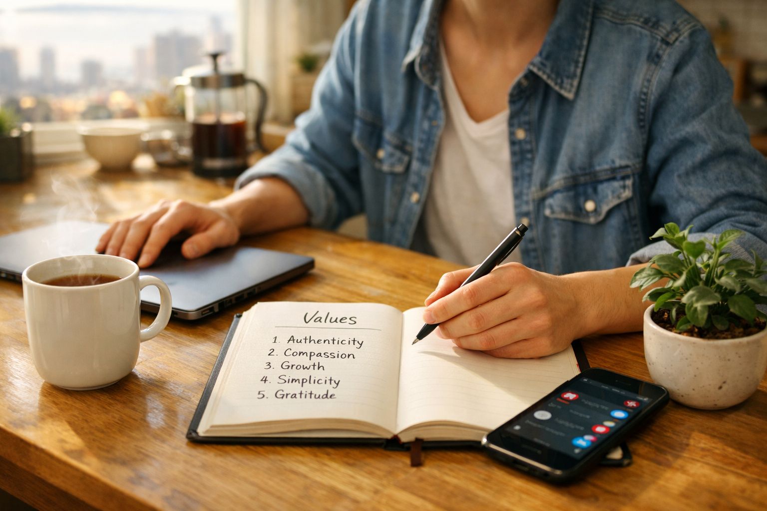 Pessoa a escrever num caderno com lista de valores, laptop fechado, chá e smartphone numa mesa de madeira.